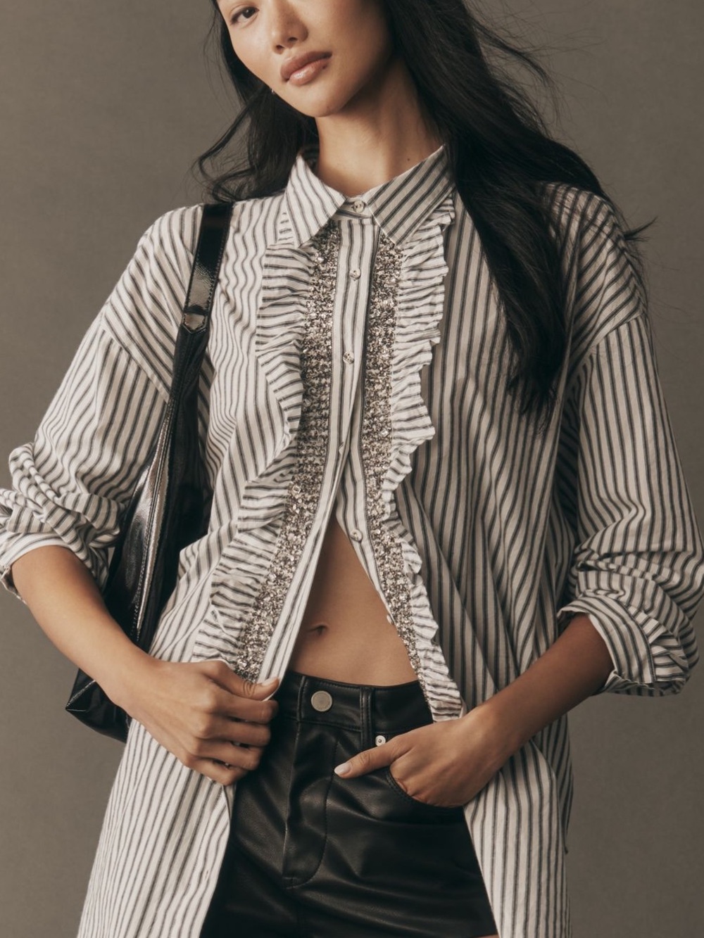 Anthropologie White and Black Striped Ruffle-Front Button Down Shirt